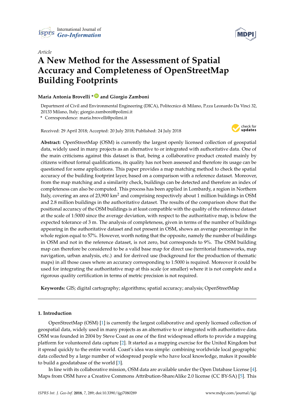 A New Method for the Assessment of Spatial Accuracy and Completeness of Openstreetmap Building Footprints