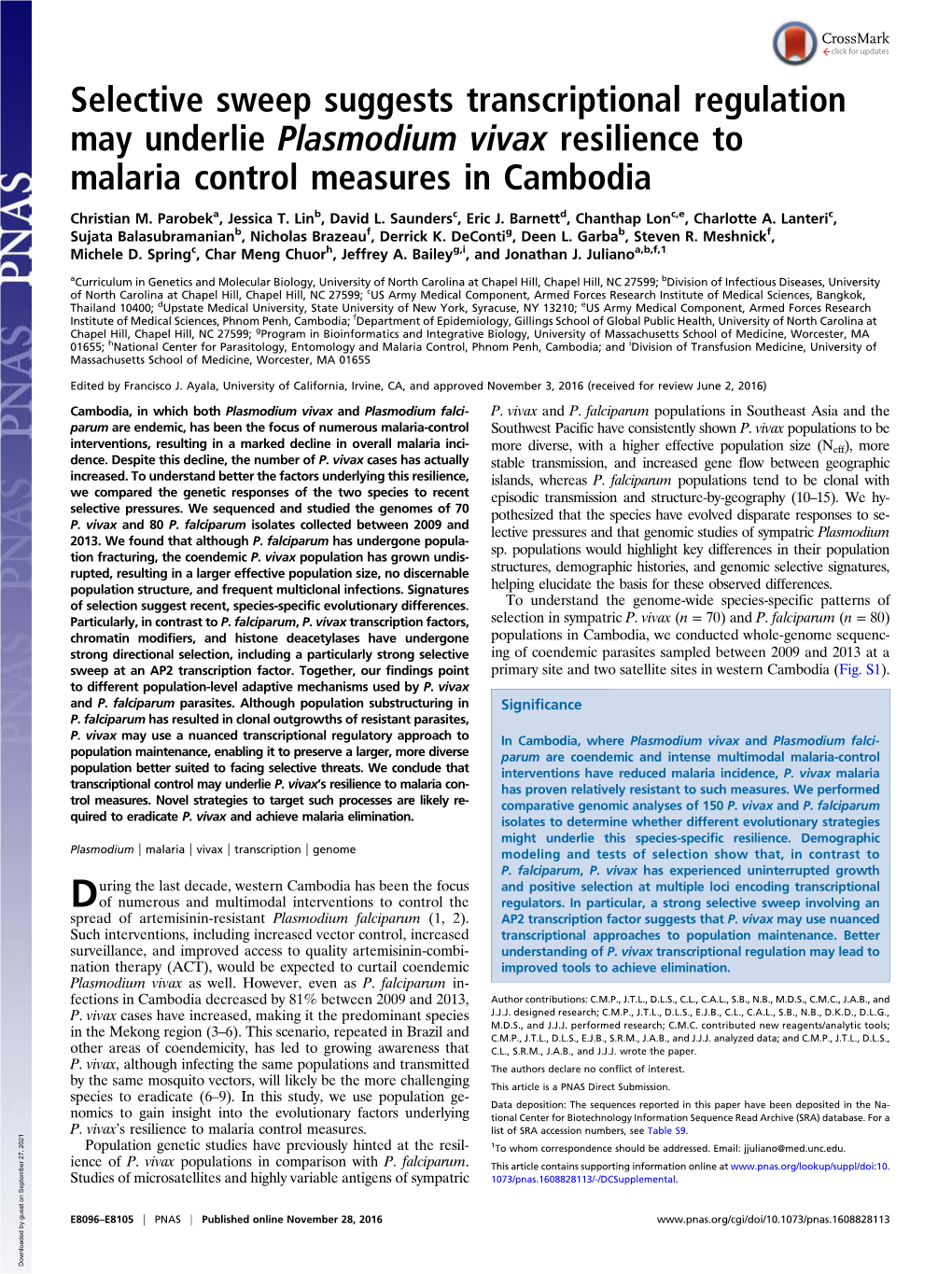 Selective Sweep Suggests Transcriptional Regulation May Underlie Plasmodium Vivax Resilience to Malaria Control Measures in Cambodia