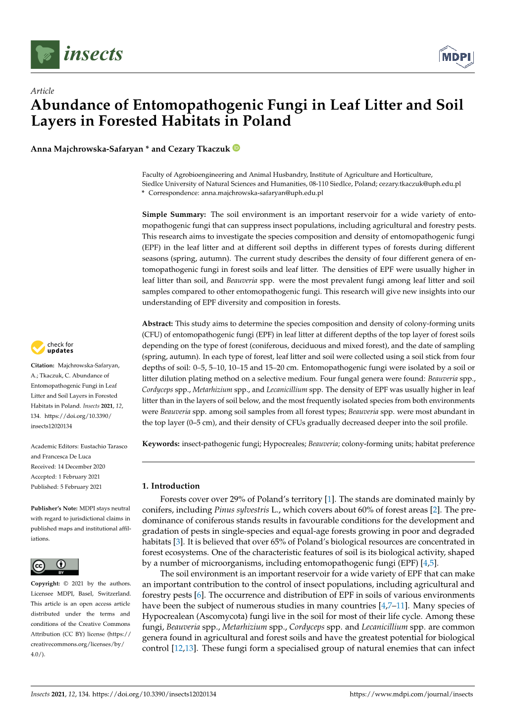 Abundance of Entomopathogenic Fungi in Leaf Litter and Soil Layers in Forested Habitats in Poland