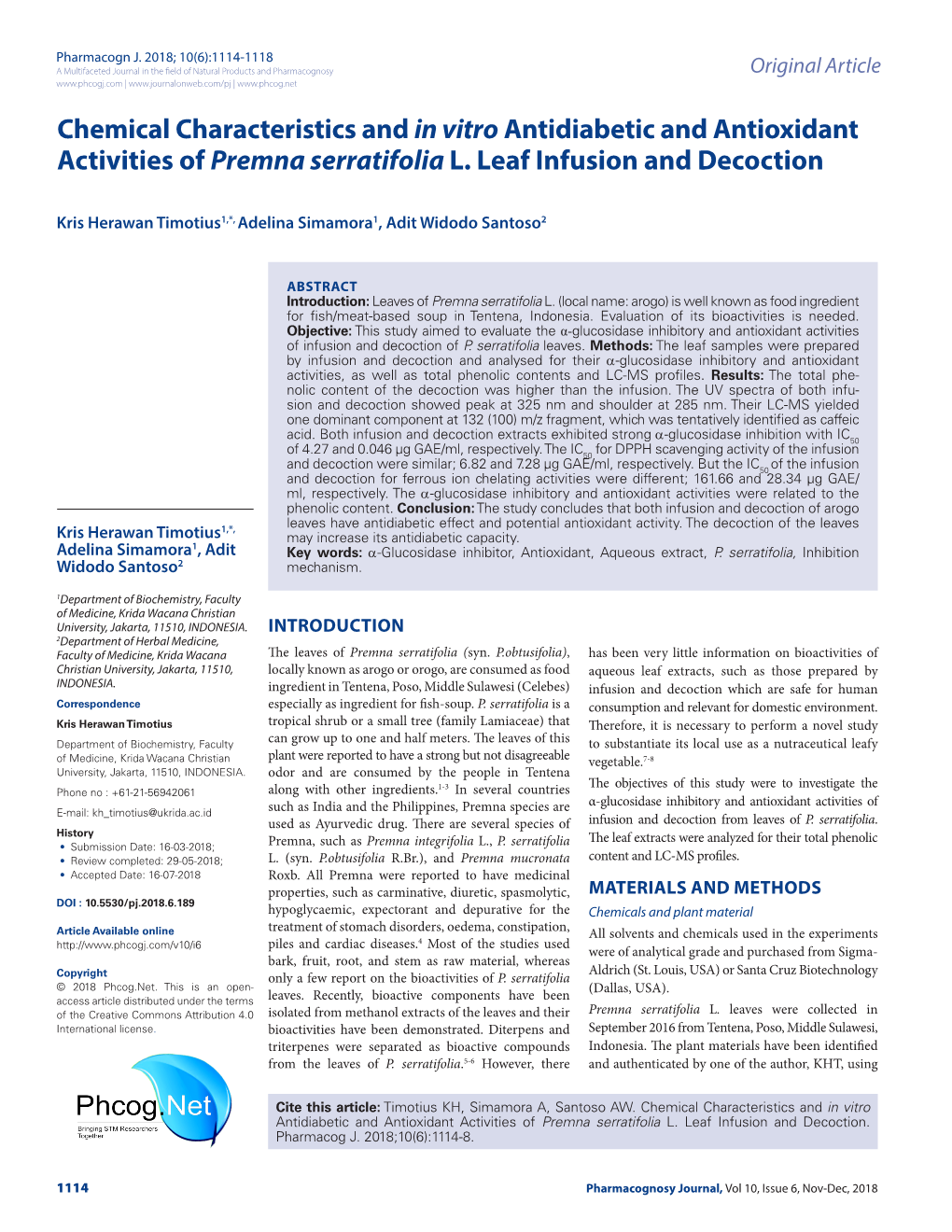 Chemical Characteristics and in Vitro Antidiabetic and Antioxidant Activities of Premna Serratifolia L. Leaf Infusion and Decoction