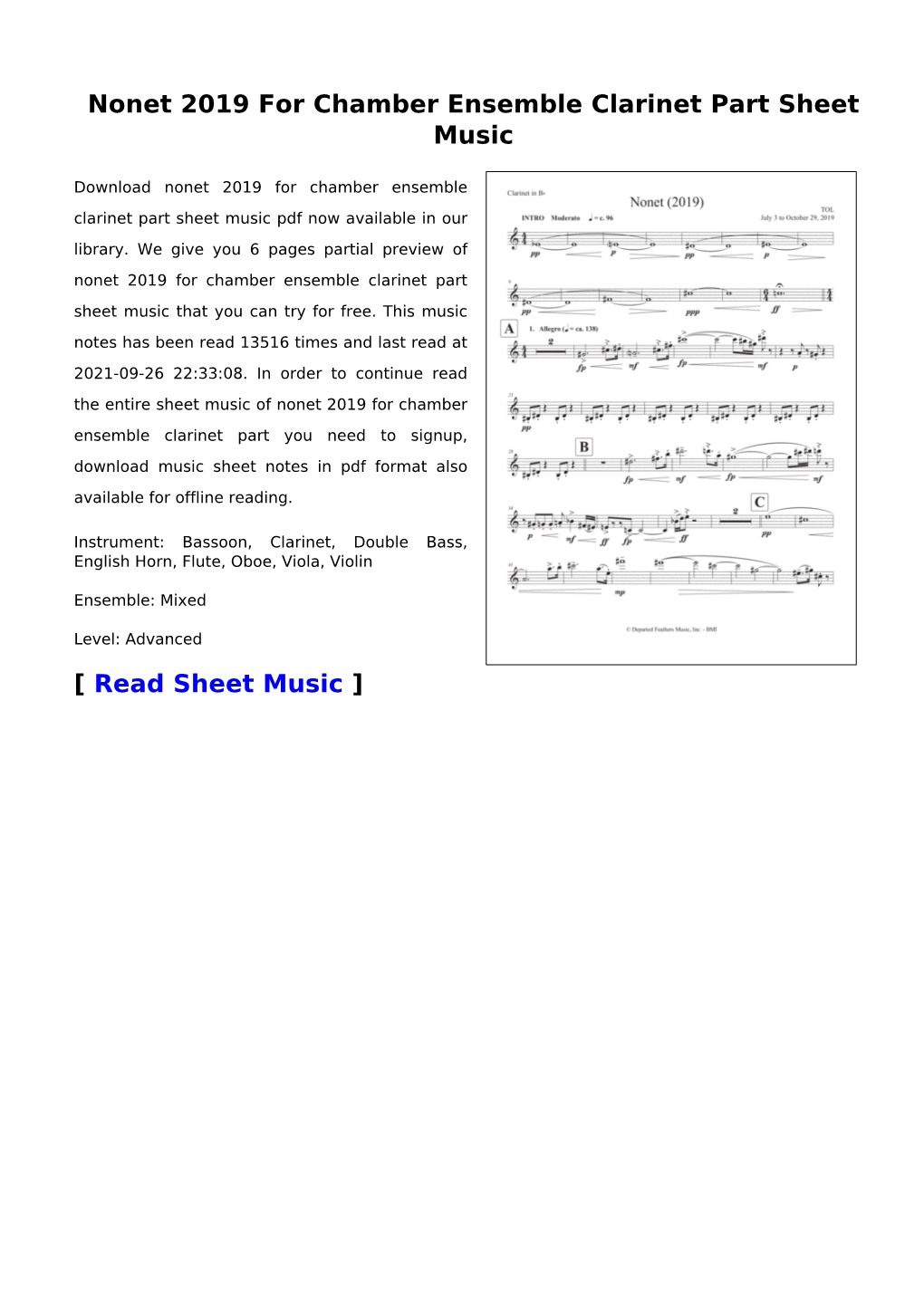 Nonet 2019 for Chamber Ensemble Clarinet Part Sheet Music