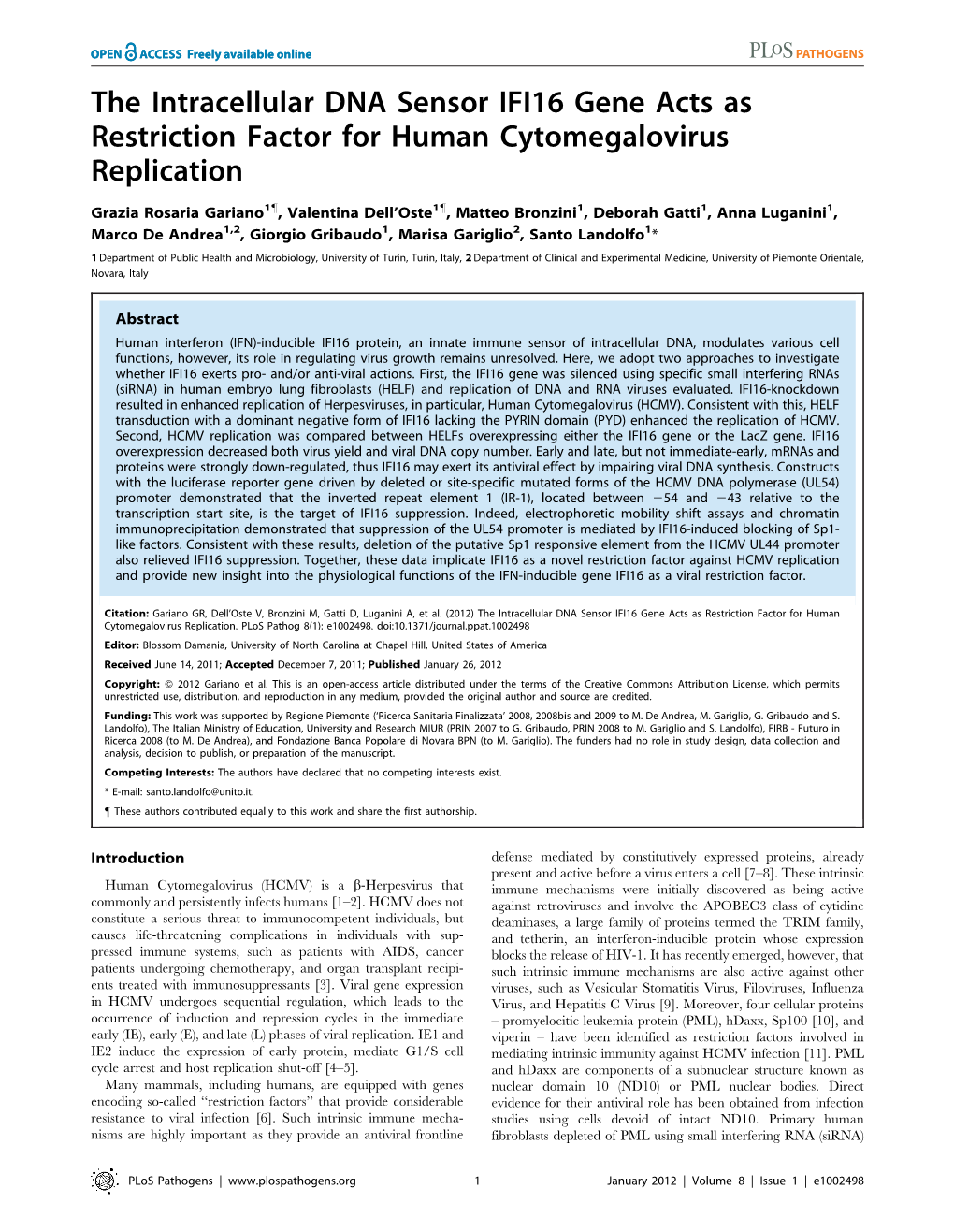 The Intracellular DNA Sensor IFI16 Gene Acts As Restriction Factor for Human Cytomegalovirus Replication