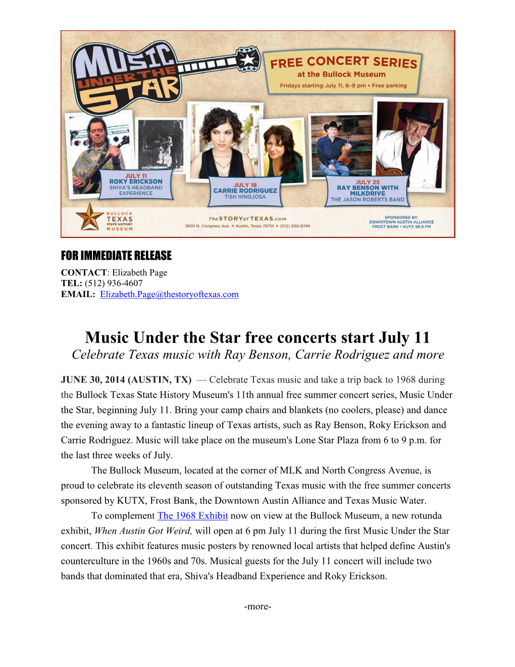 Music Under the Star Free Concerts Start July 11 Celebrate Texas Music with Ray Benson, Carrie Rodriguez and More