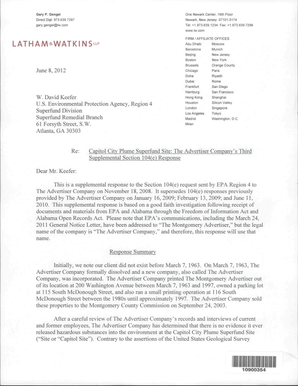 Letter from Gary Gengel, Lathan & Watkins to W. David Keefer, Usepa. Subject: the Advertiser Company's Third Supplement