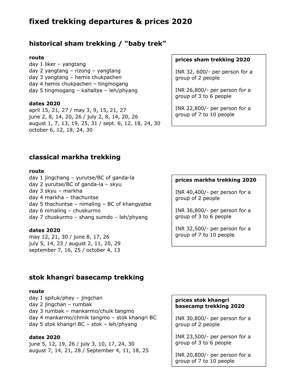 Fixed Trekking Departures & Prices 2020