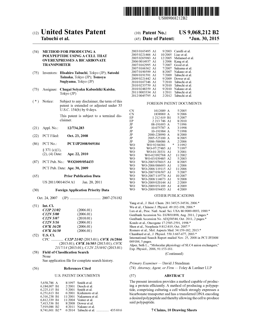 (12) United States Patent (10) Patent No.: US 9,068,212 B2 Tabuchi Et Al