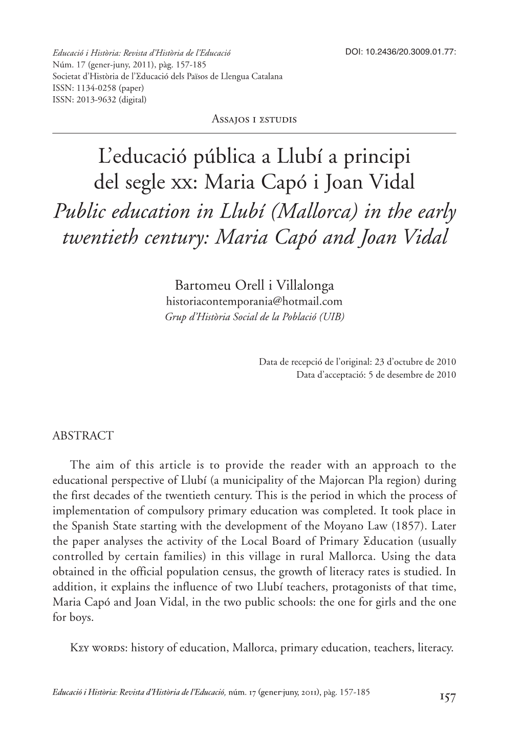 Maria Capó I Joan Vidal Public Education in Llubí (Mallorca) in the Early Twentieth Century: Maria Capó and Joan Vidal