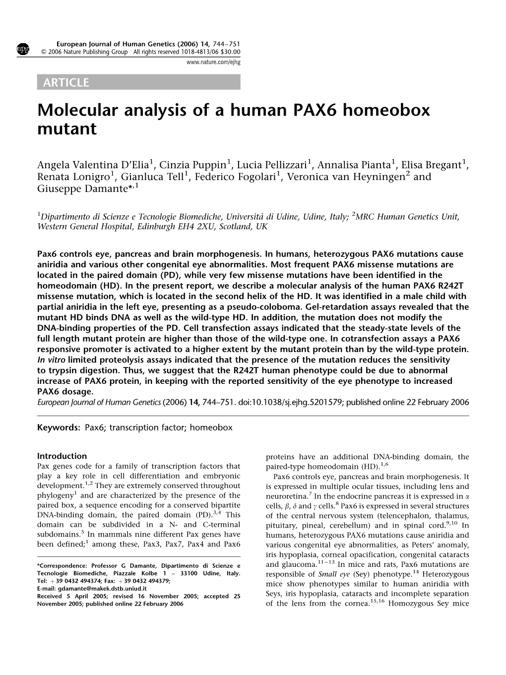 Molecular Analysis of a Human PAX6 Homeobox Mutant