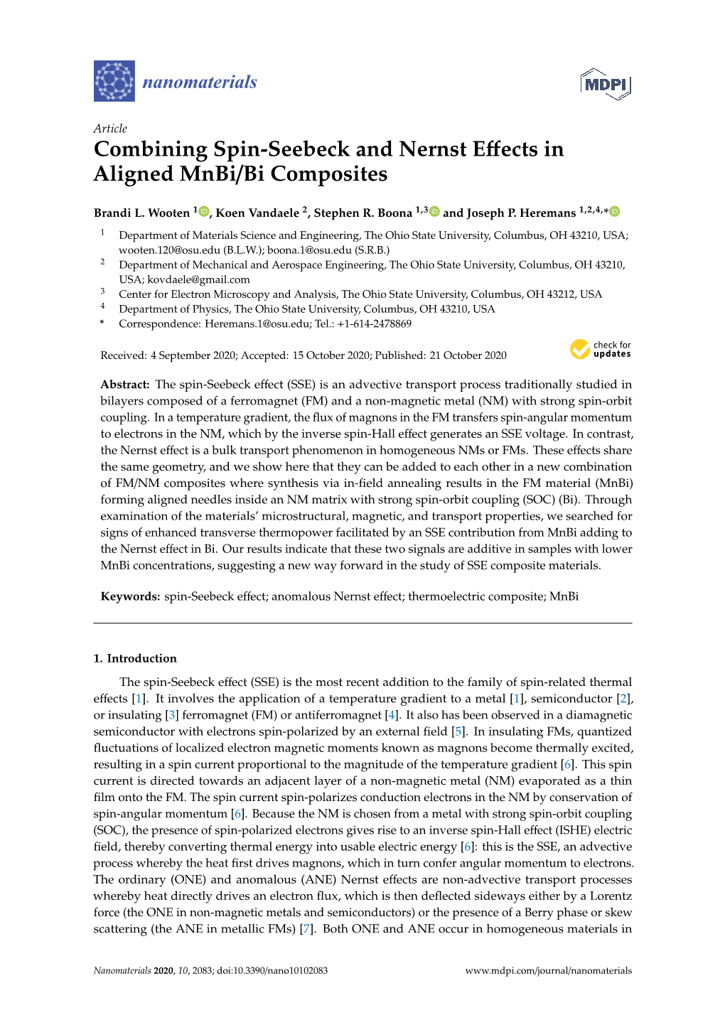 Combining Spin-Seebeck and Nernst Effects in Aligned Mnbi/Bi Composites