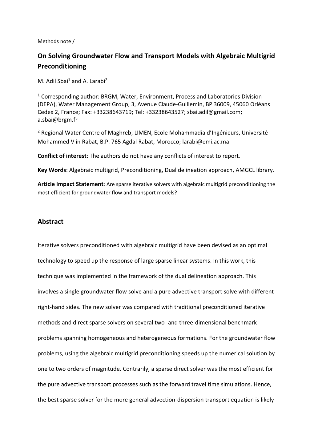 On Solving Groundwater Flow and Transport Models with Algebraic Multigrid Preconditioning