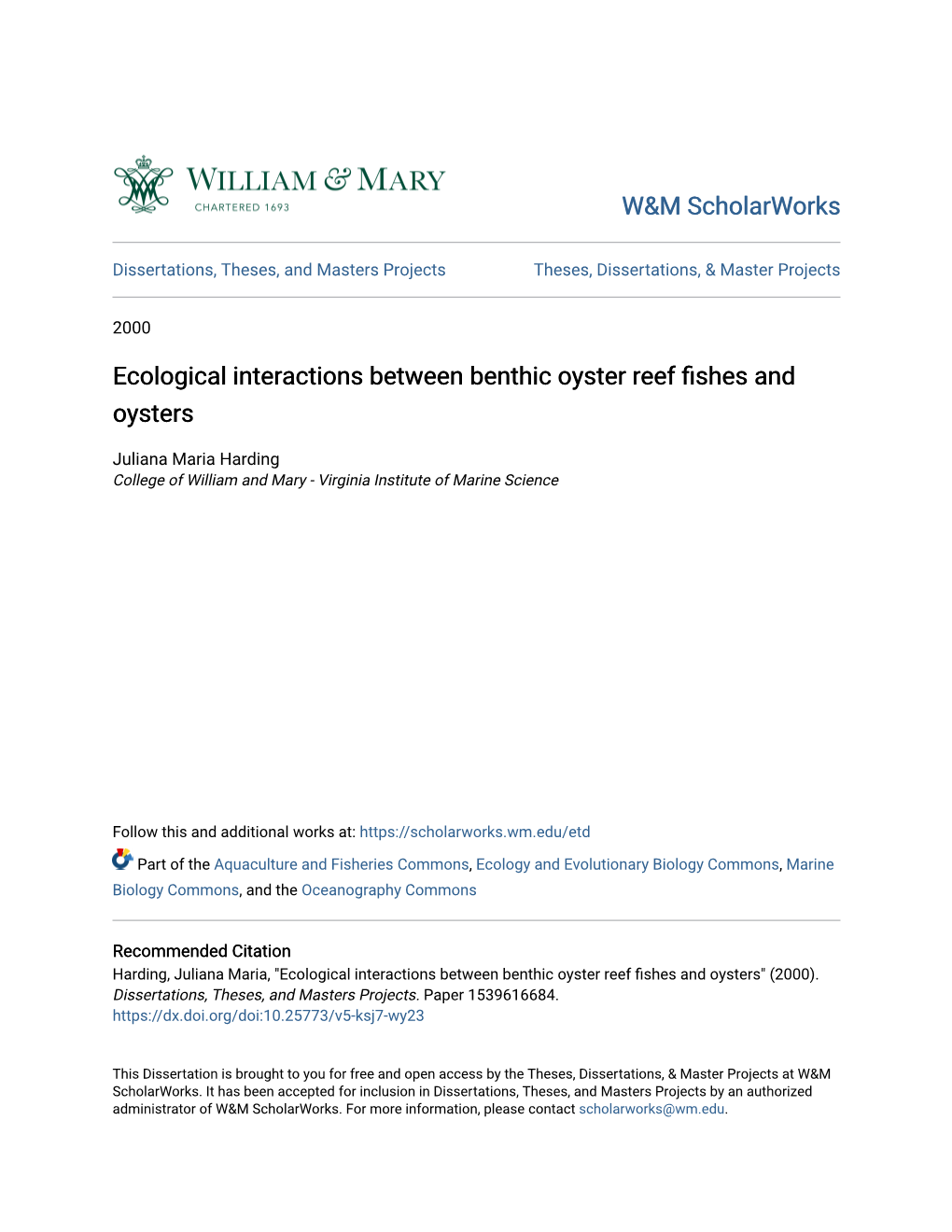 Ecological Interactions Between Benthic Oyster Reef Fishes and Oysters