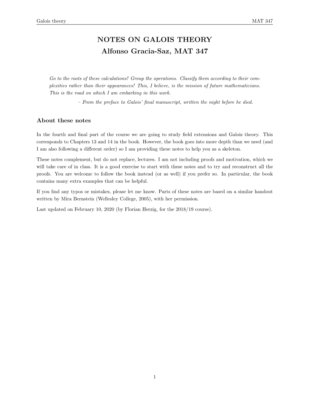 NOTES on GALOIS THEORY Alfonso Gracia-Saz, MAT 347