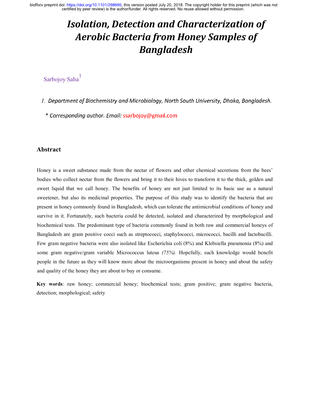 Isolation, Detection and Characterization of Aerobic Bacteria from Honey Samples Of