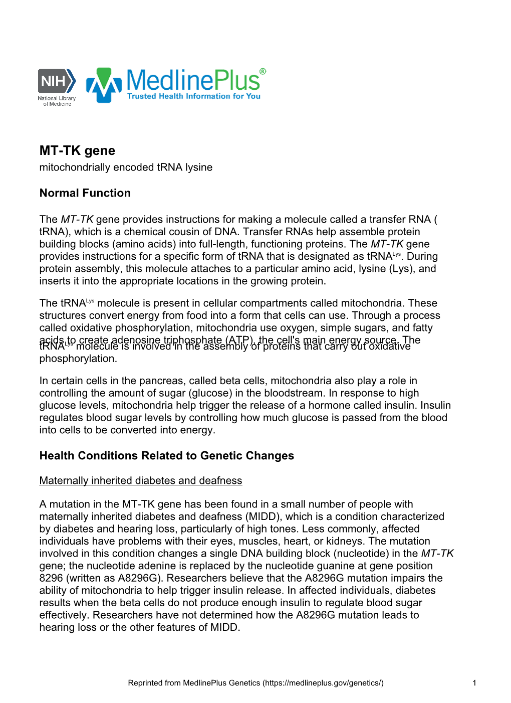 MT-TK Gene Mitochondrially Encoded Trna Lysine