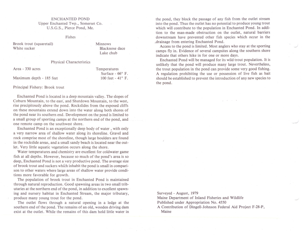 ENCHANTED POND Upper Enchanted Twp., Somerset Co. USGS, Pierce Pond, Me. Fishes Brook Trout