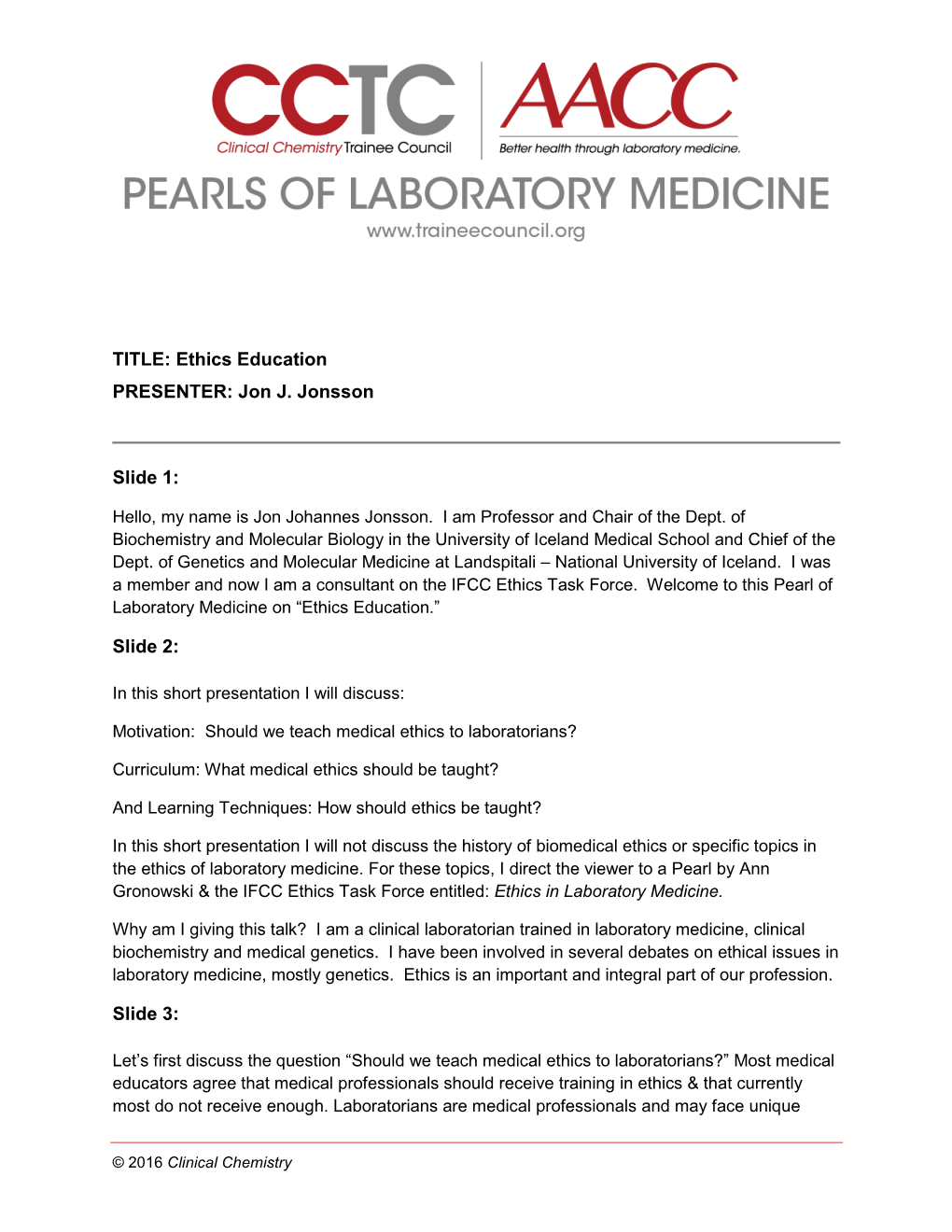 AACC Pearls of Laboratory Medicine Transcript Document