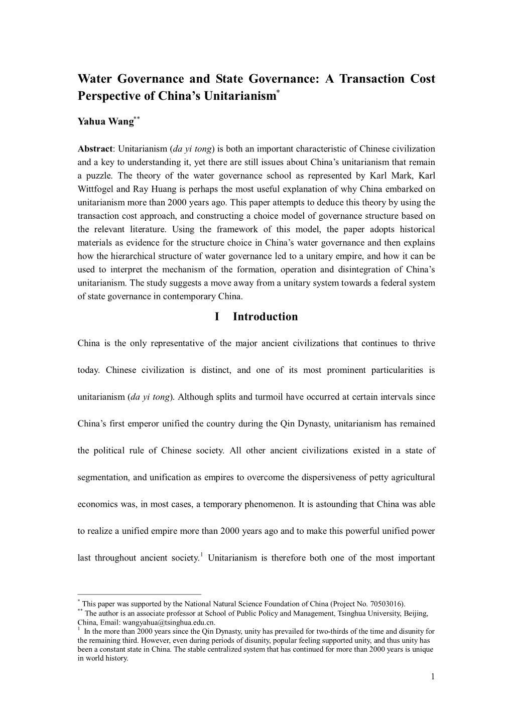 Water Governance and State Governance: a Transaction Cost Perspective of China's Unitarianism