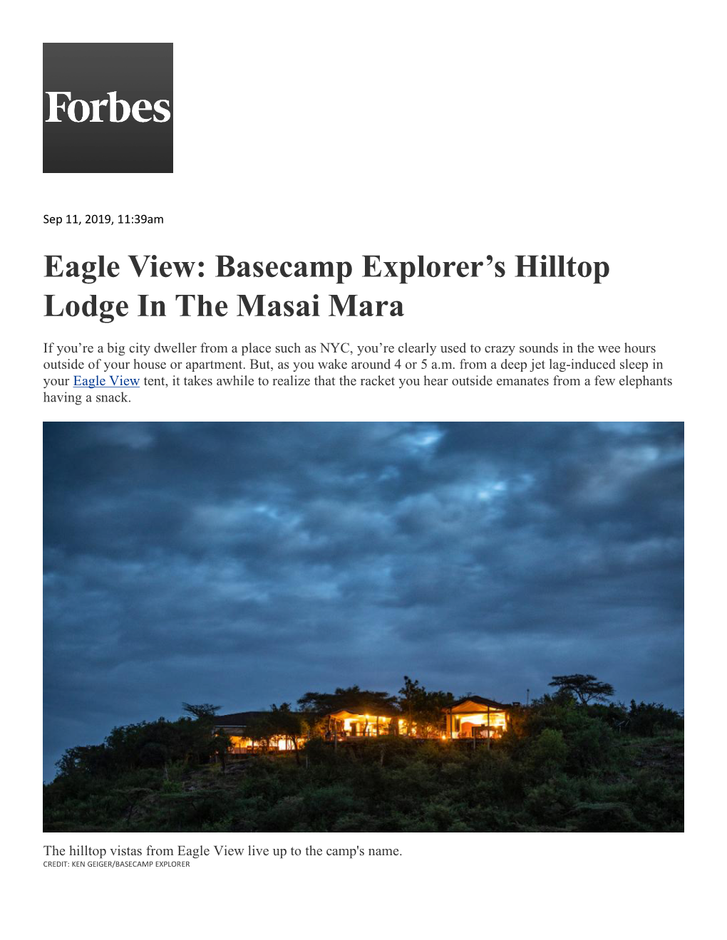 Eagle View: Basecamp Explorer's Hilltop Lodge in the Masai Mara