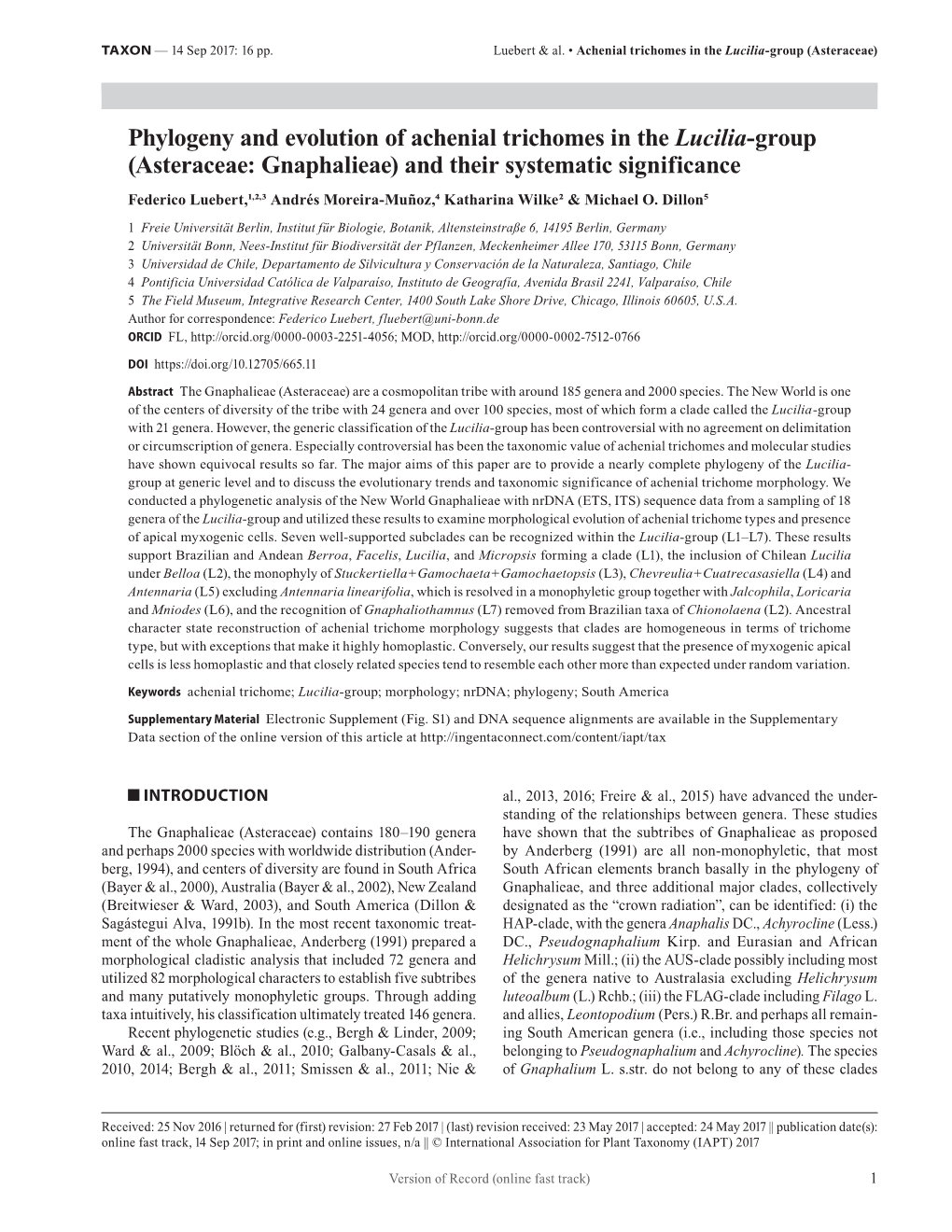 Phylogeny and Evolution of Achenial Trichomes in the Lucilia-Group