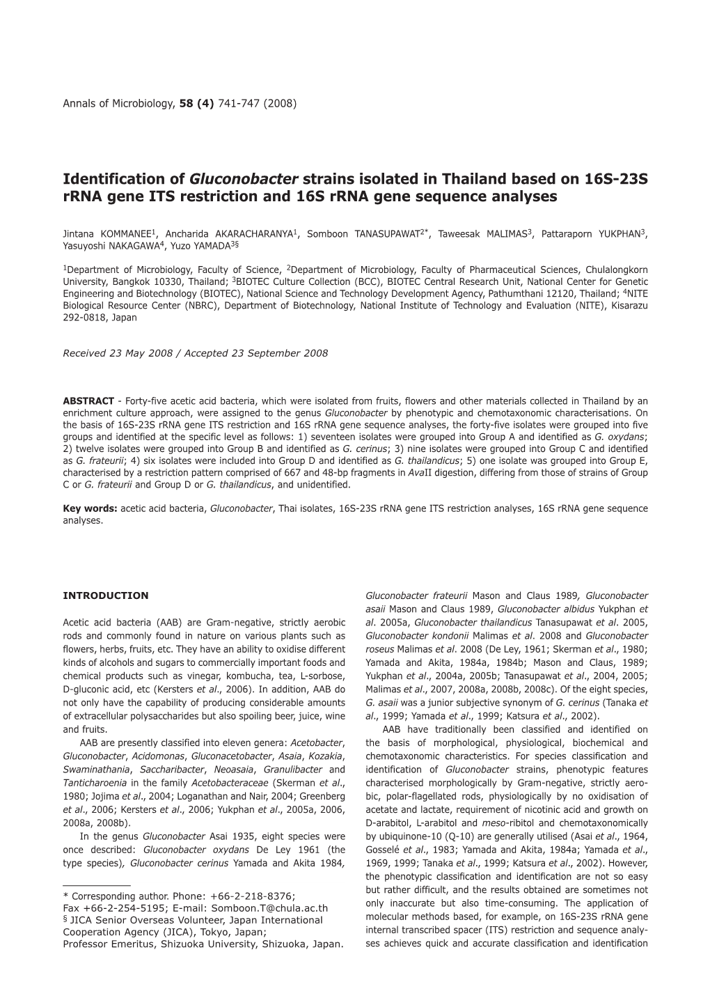 Gluconobacter Strains Isolated in Thailand Based on 16S-23S Rrna Gene ITS Restriction and 16S Rrna Gene Sequence Analyses