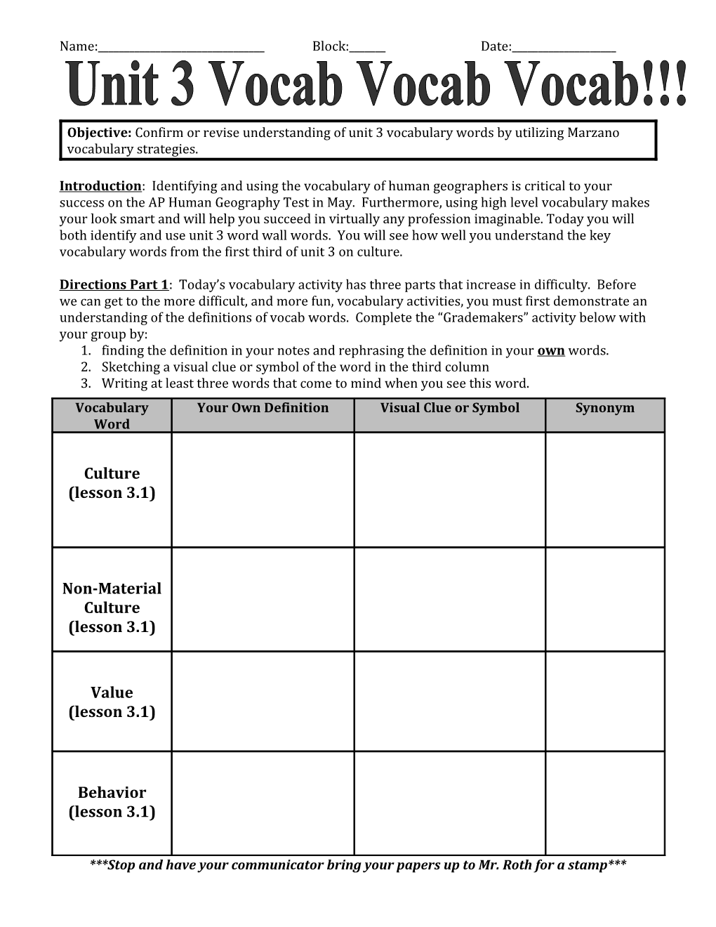 Objective: Confirm Or Revise Understanding of Unit 3 Vocabulary Words by Utilizing Marzano