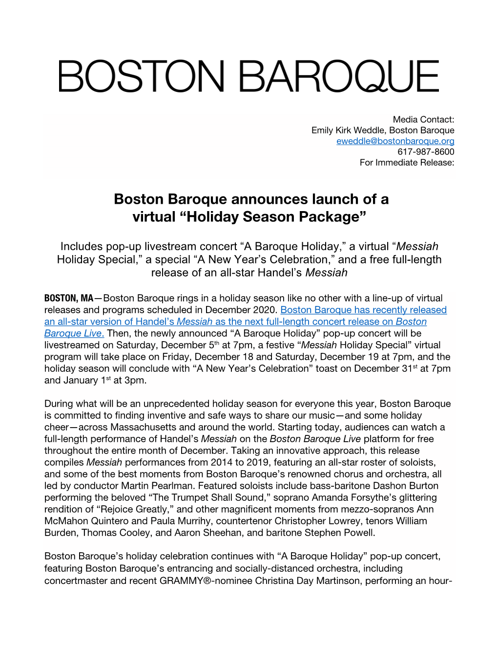 Boston Baroque Announces Launch of a Virtual “Holiday Season Package”