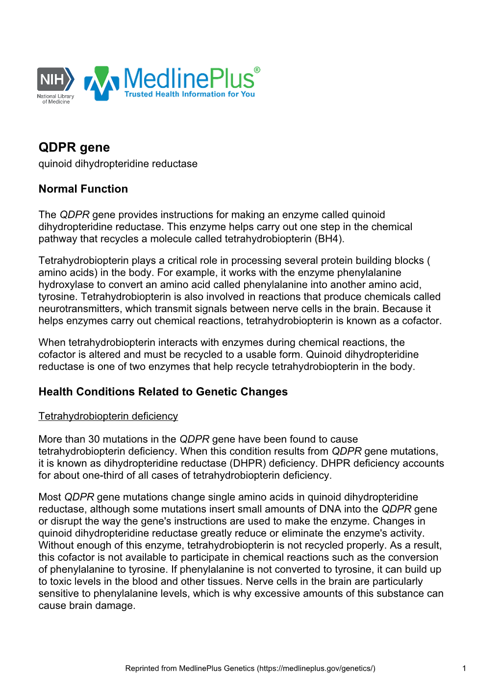 QDPR Gene Quinoid Dihydropteridine Reductase