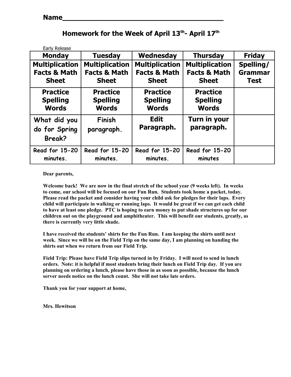 Homework for the Week of August 20 August 24