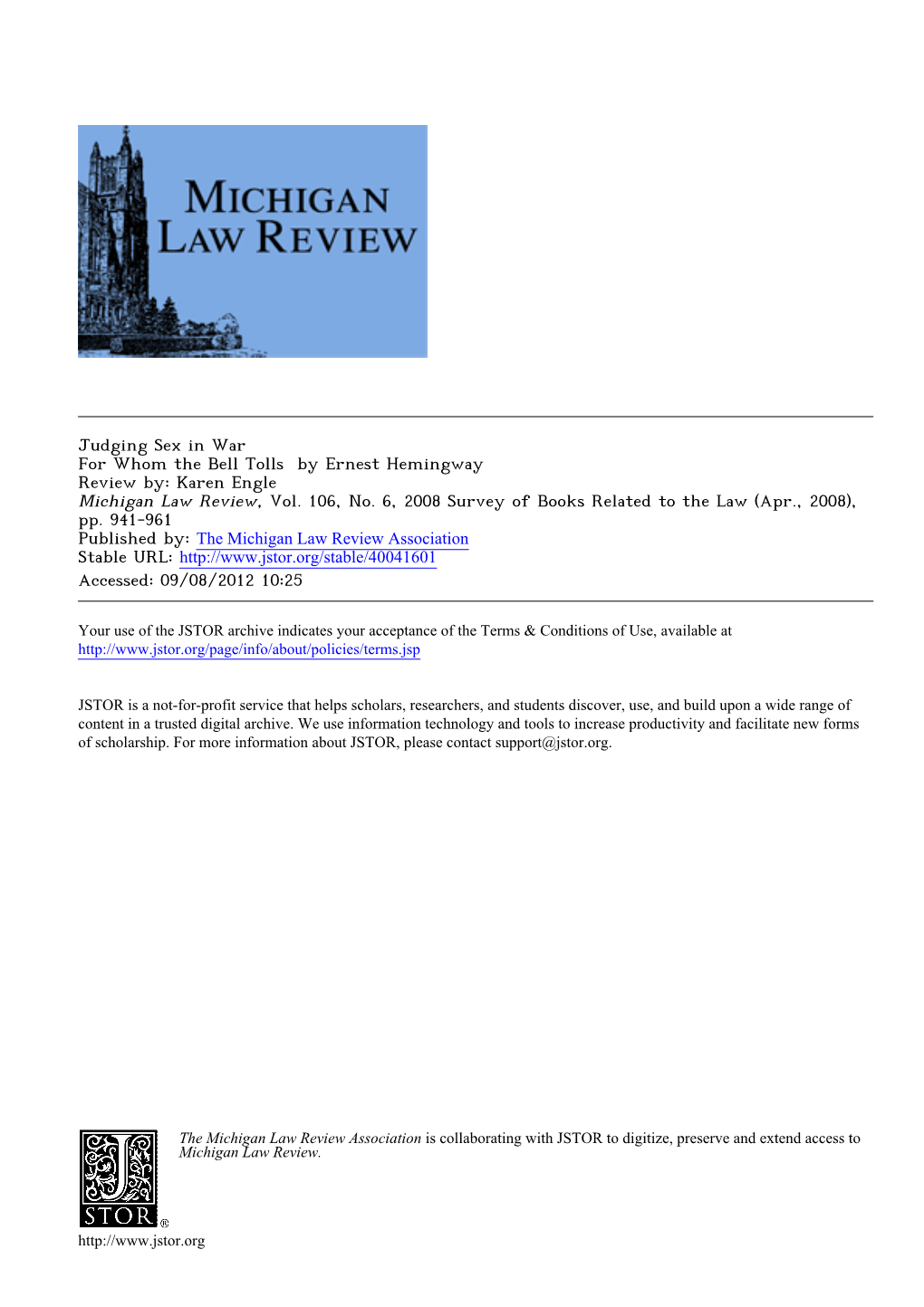 Judging Sex in War for Whom the Bell Tolls by Ernest Hemingway Review By: Karen Engle Michigan Law Review, Vol