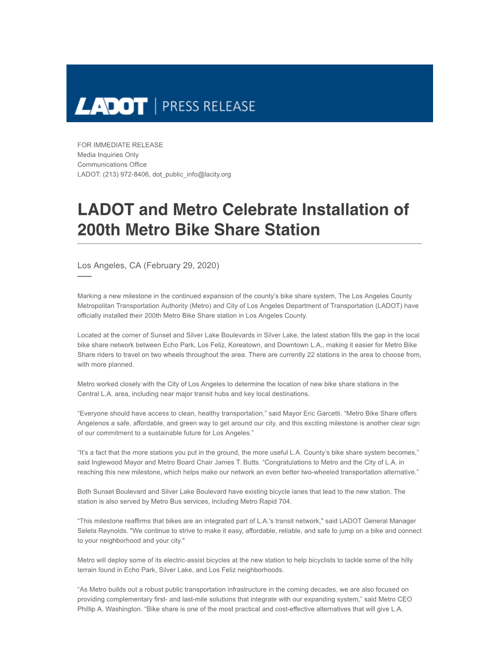 LADOT and Metro Celebrate Installation of 200Th Metro Bike Share Station