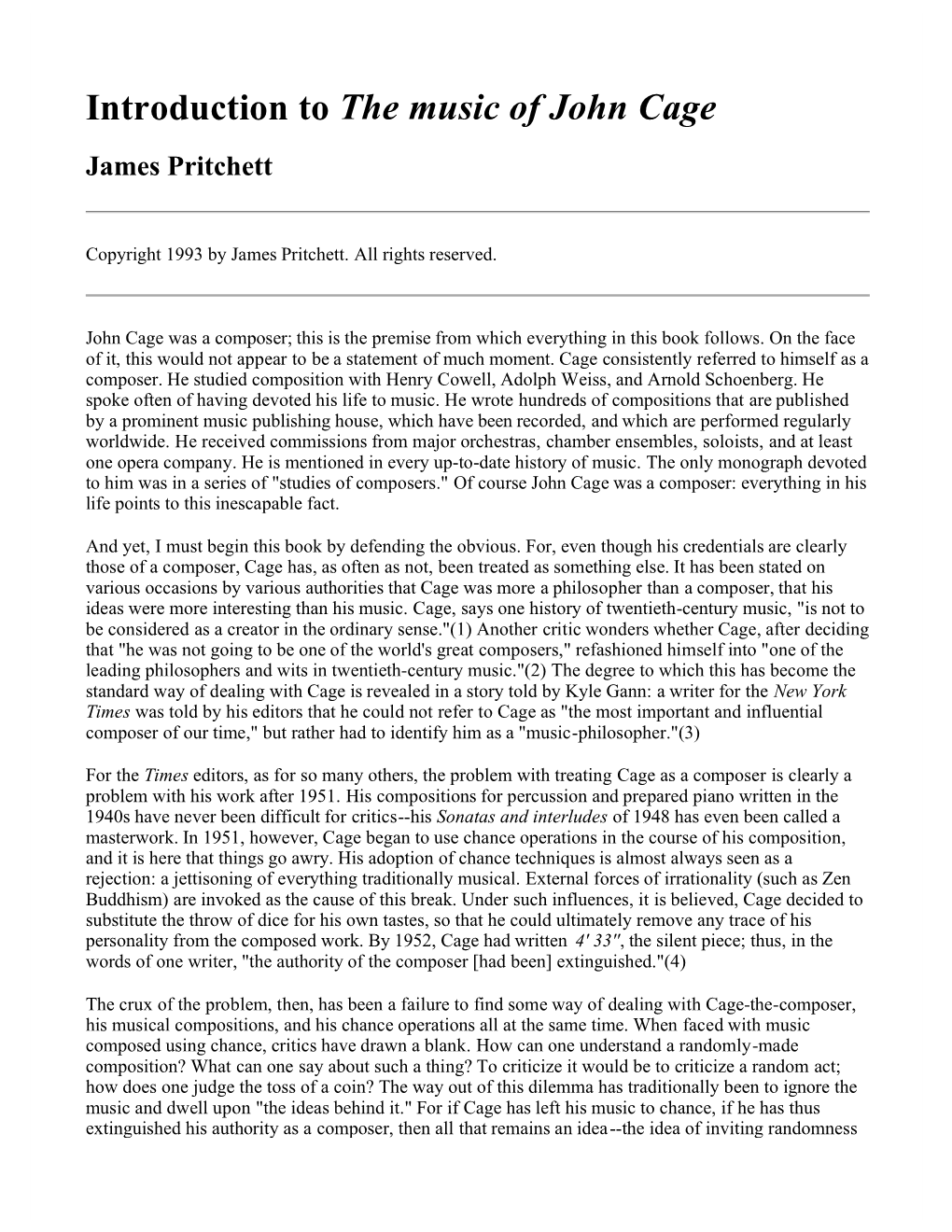 Introduction to the Music of John Cage James Pritchett