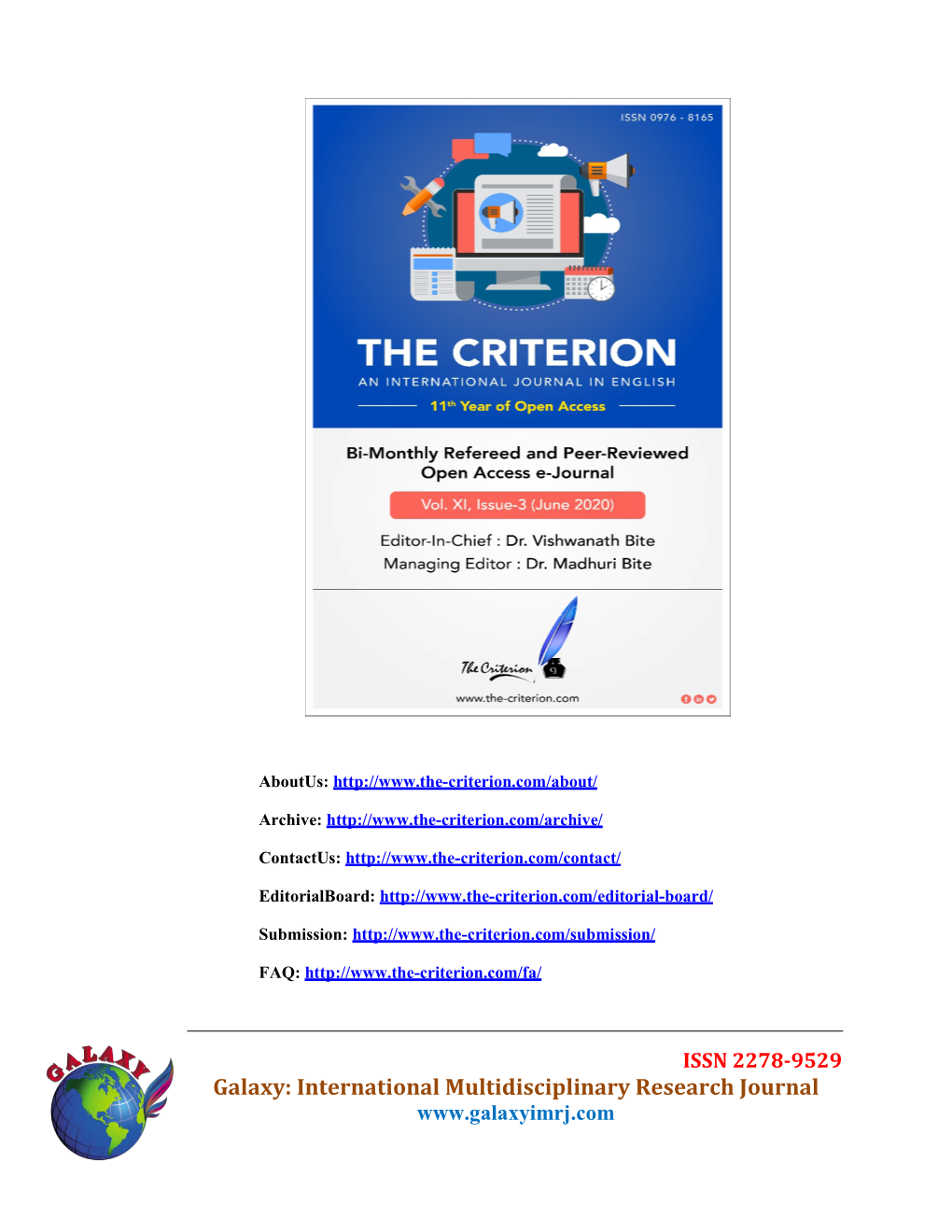 Galaxy: International Multidisciplinary Research Journal the Criterion: an International Journal in English Vol