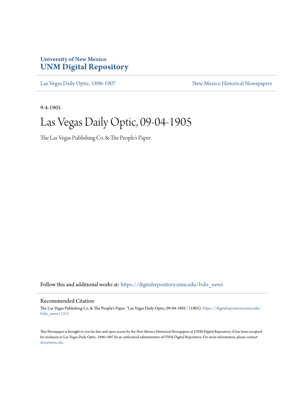 Las Vegas Daily Optic, 09-04-1905 the Las Vegas Publishing Co