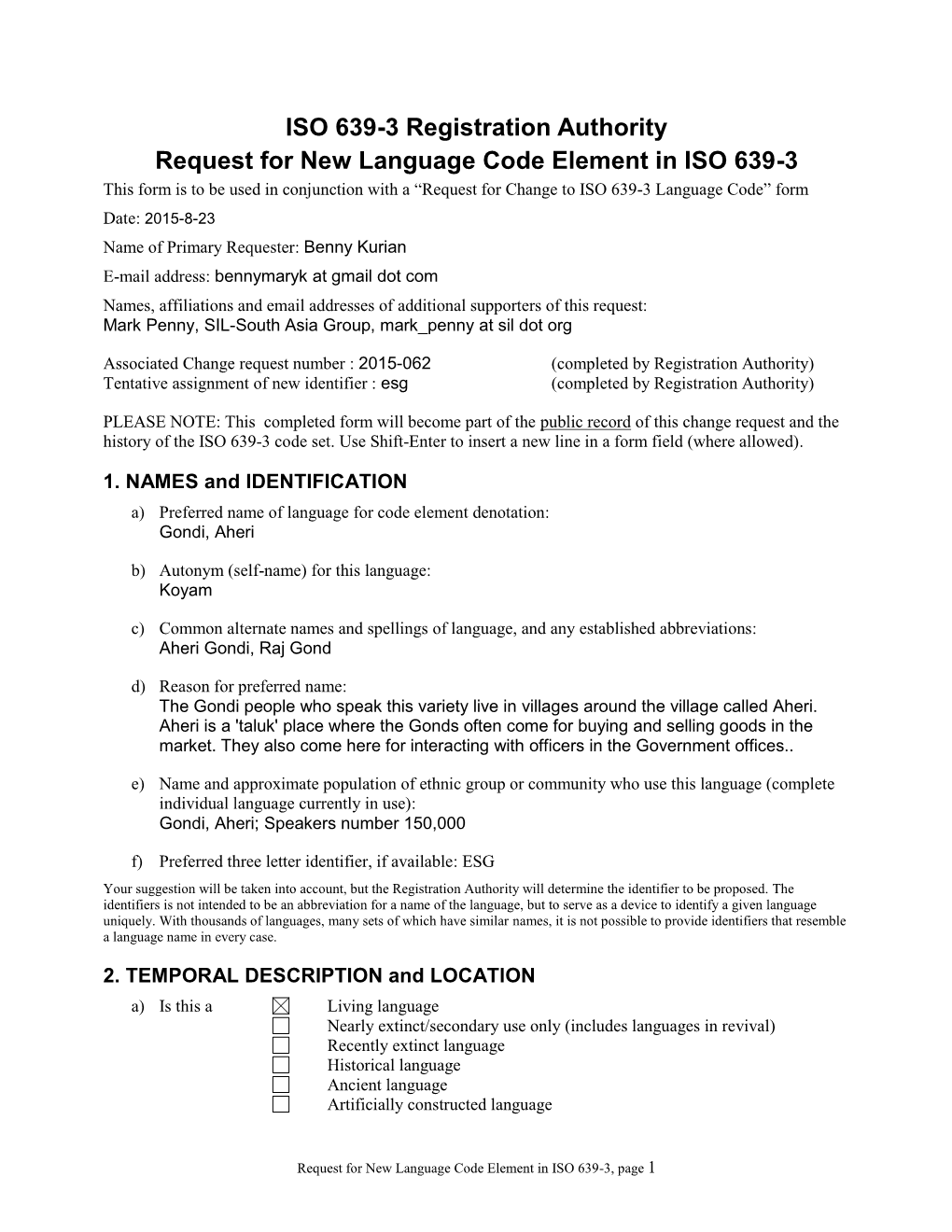 ISO 639-3 New Code Request