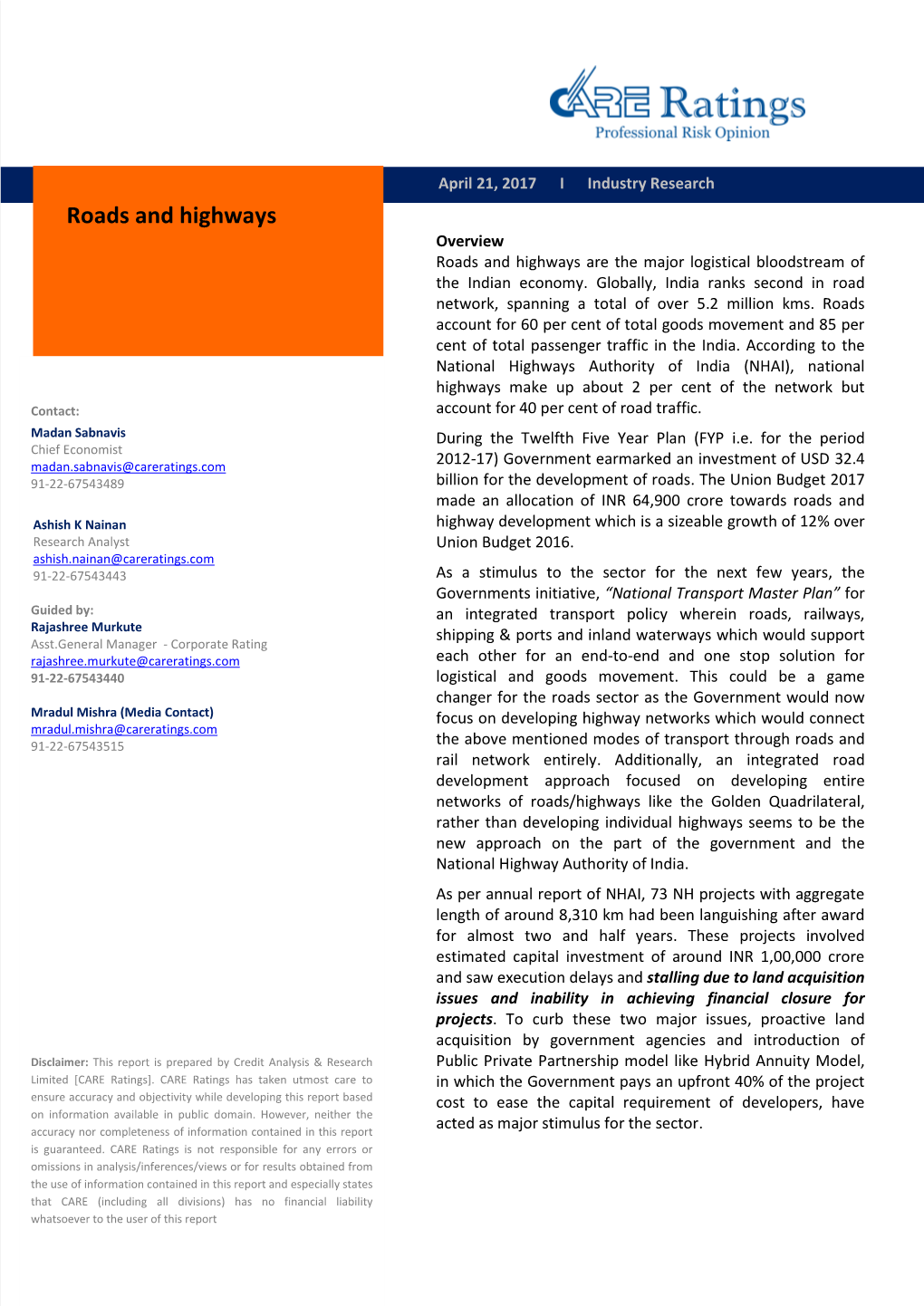 Roads and Highways Overview Roads and Highways Are the Major Logistical Bloodstream of the Indian Economy