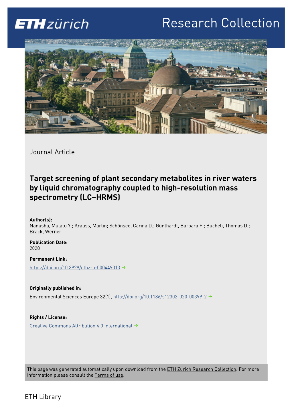 Target Screening of Plant Secondary Metabolites in River Waters by Liquid Chromatography Coupled to High-Resolution Mass Spectrometry (LC–HRMS)