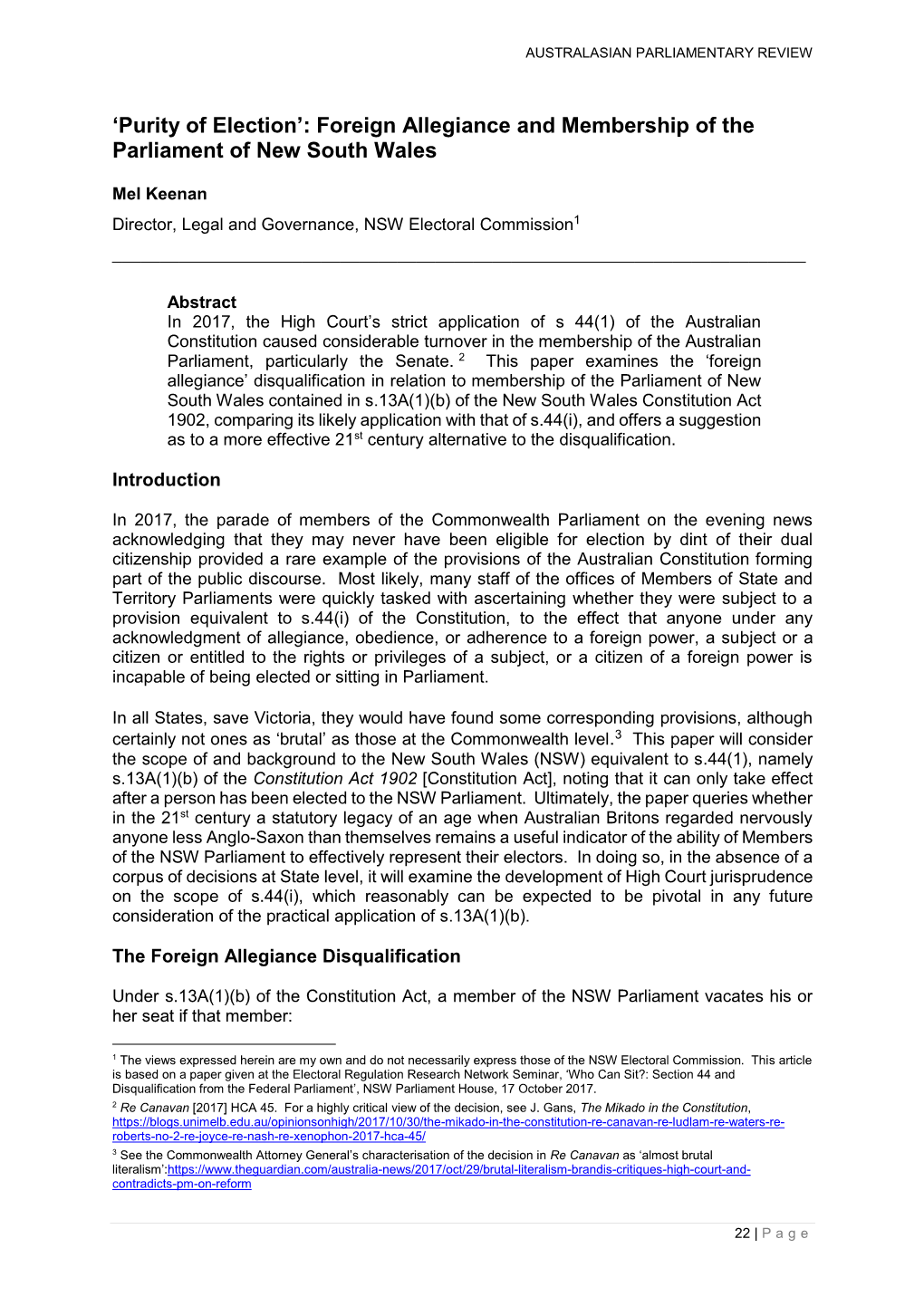 'Purity of Election': Foreign Allegiance and Membership of the Parliament