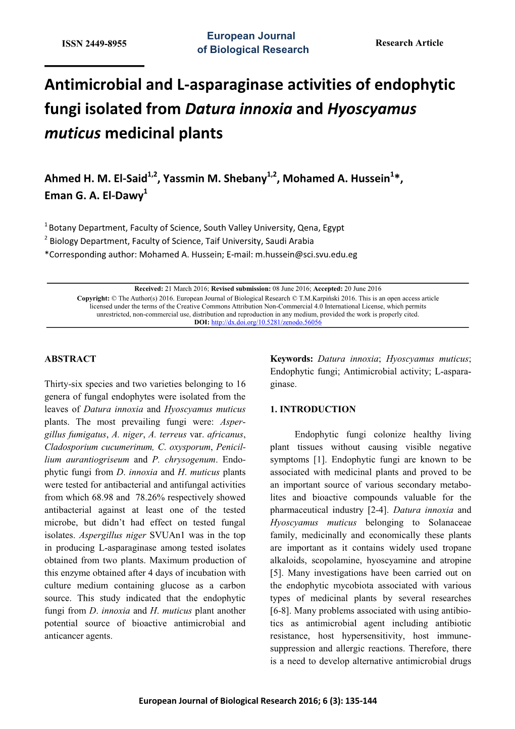 Antimicrobial and L-Asparaginase Activities of Endophytic Fungi Isolated from Datura Innoxia and Hyoscyamus Muticus Medicinal Plants