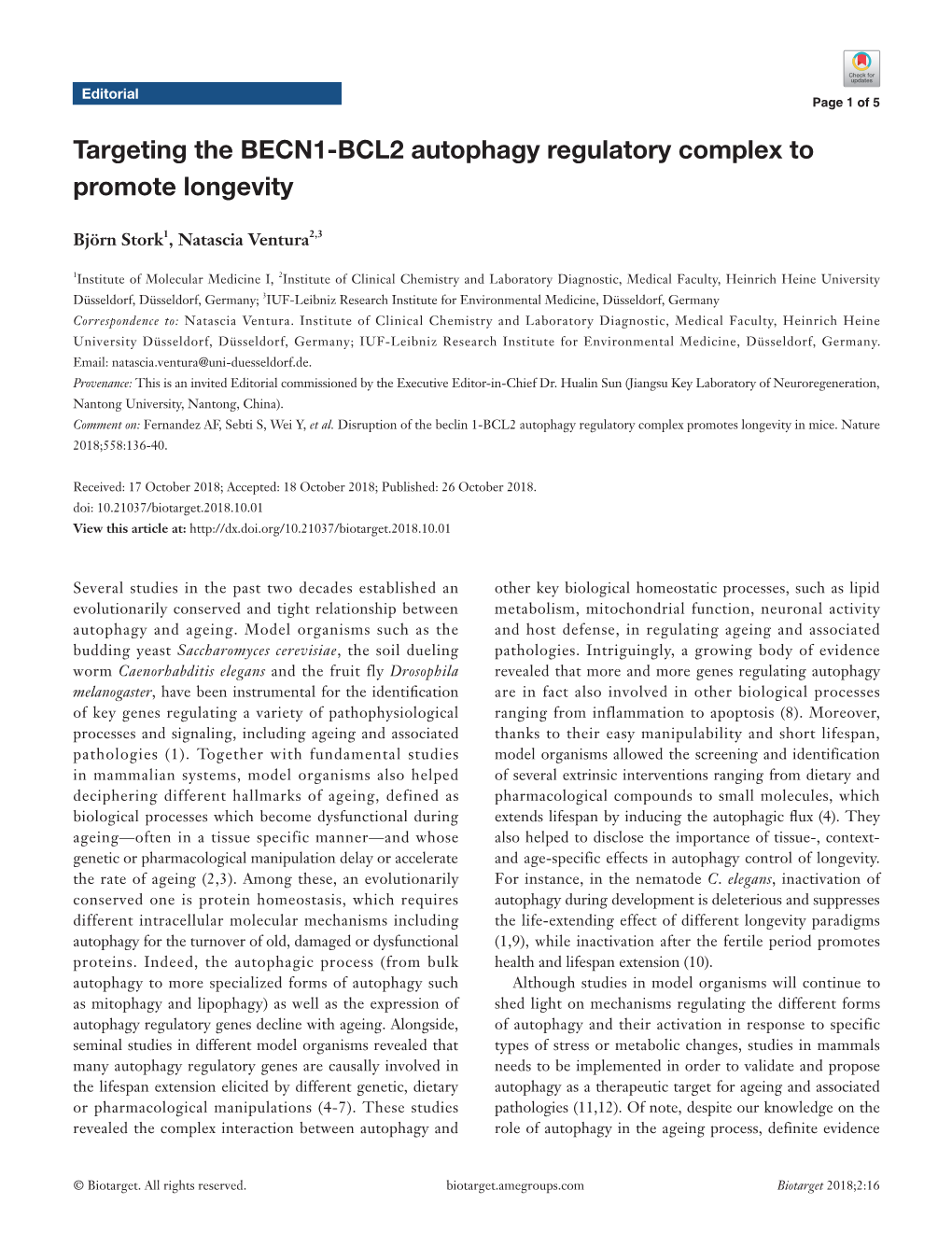 Targeting the BECN1-BCL2 Autophagy Regulatory Complex to Promote Longevity