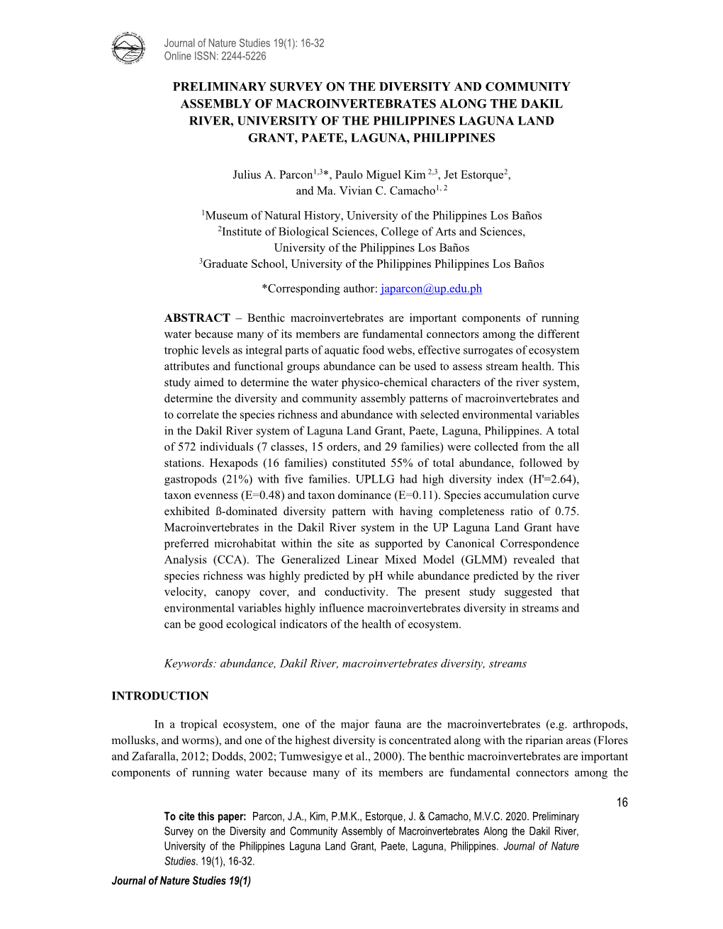 16-32 Parcon Preliminary Survey Macroinvertebrates.Pdf