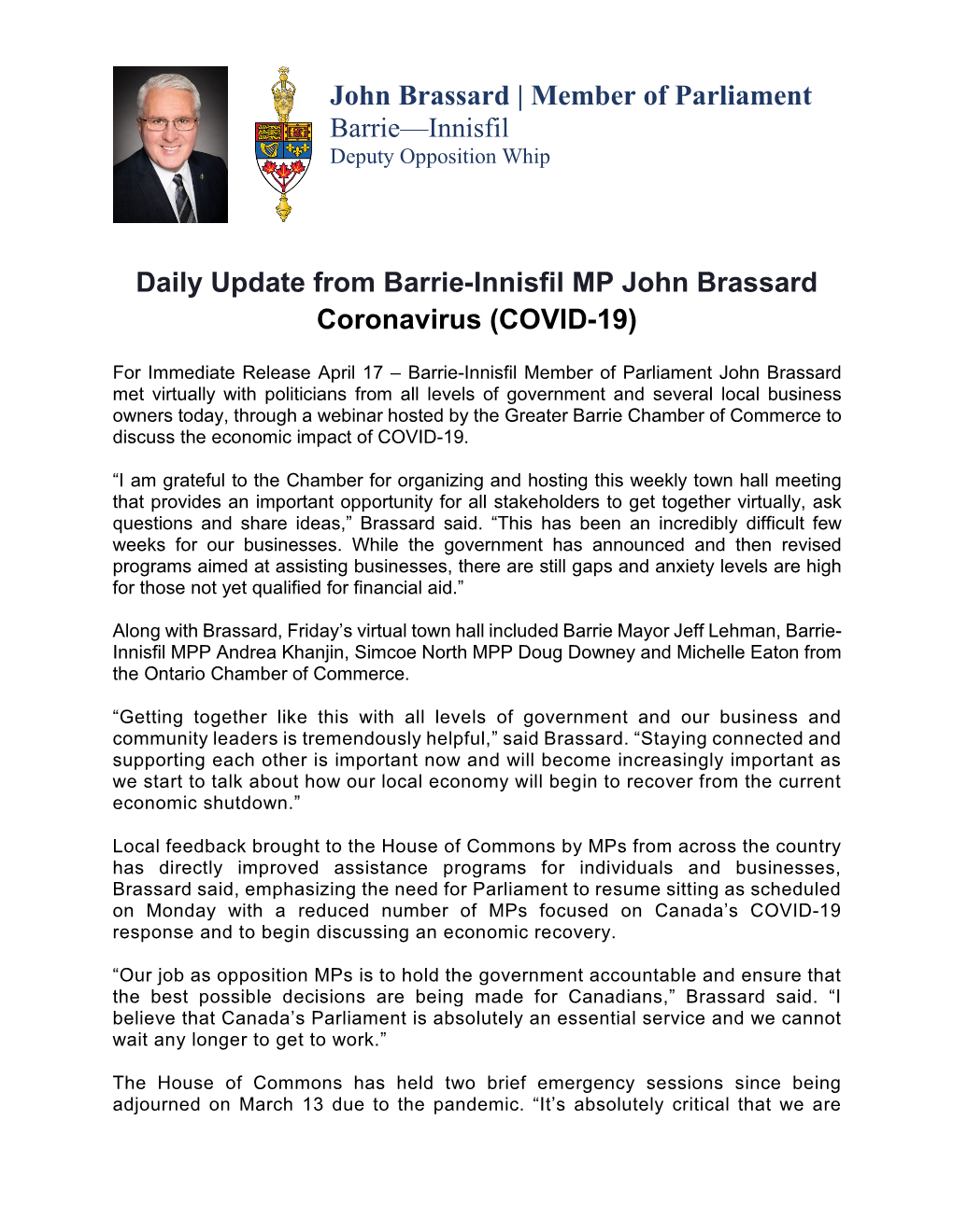 Daily Update from Barrie-Innisfil MP John Brassard Coronavirus (COVID-19)