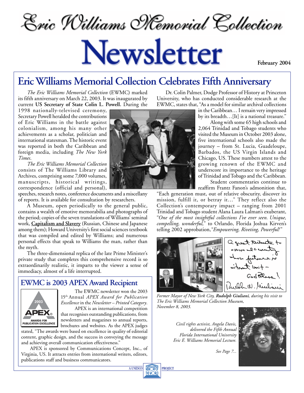 Eric Williams Memorial Collection Newsletter February 2004