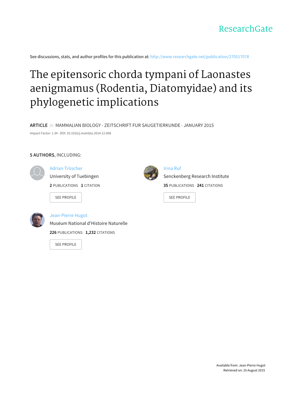 The Epitensoric Chorda Tympani of Laonastes Aenigmamus (Rodentia, Diatomyidae) and Its Phylogenetic Implications