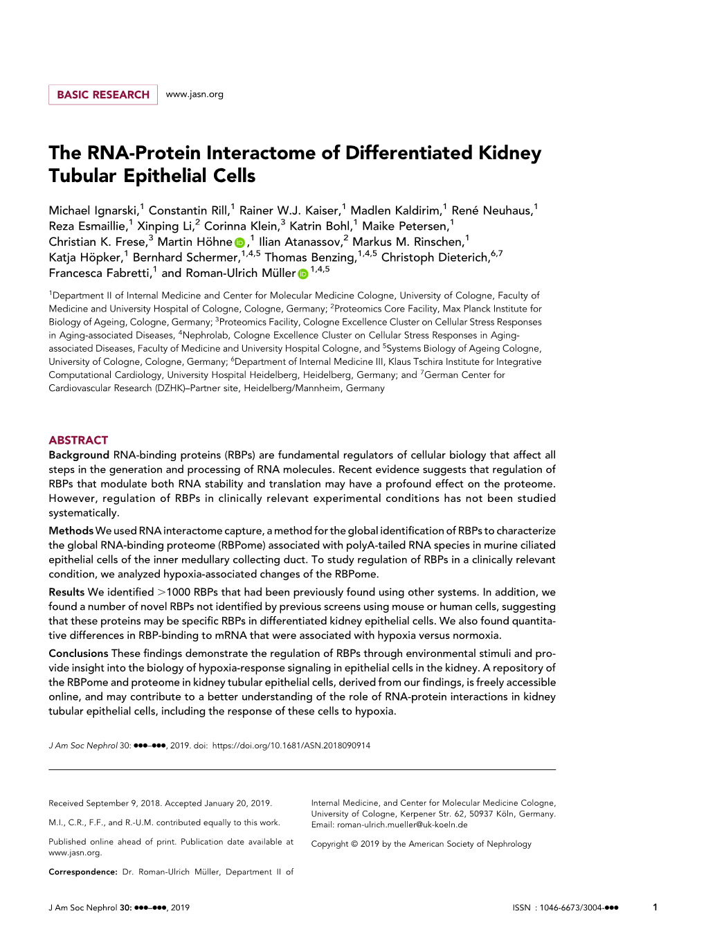 The RNA-Protein Interactome of Differentiated Kidney Tubular Epithelial Cells