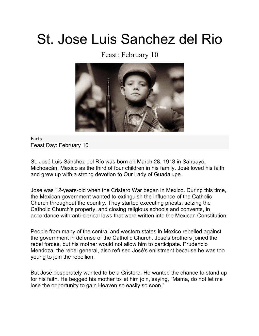 St. Jose Luis Sanchez Del Rio Feast: February 10