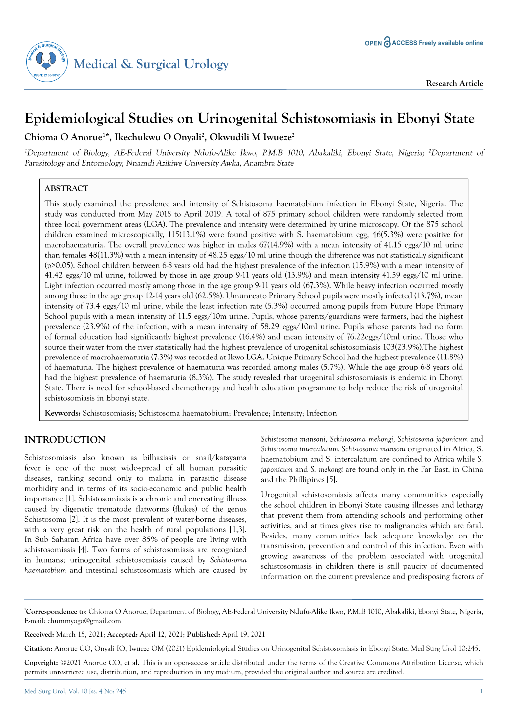 Epidemiological Studies on Urinogenital Schistosomiasis In