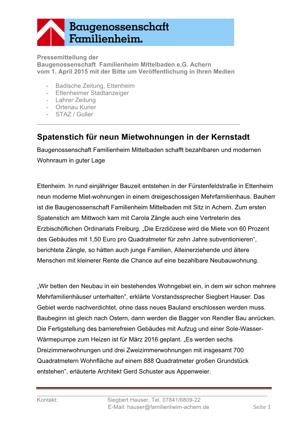 Pressemitteilung Der Baugenossenschaft Familienheim Mittelbaden E.G