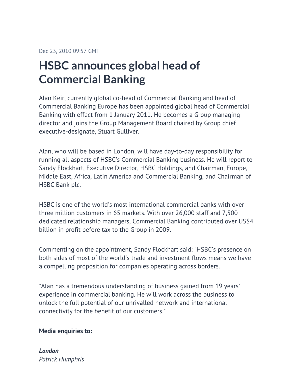 HSBC Announces Global Head of Commercial Banking