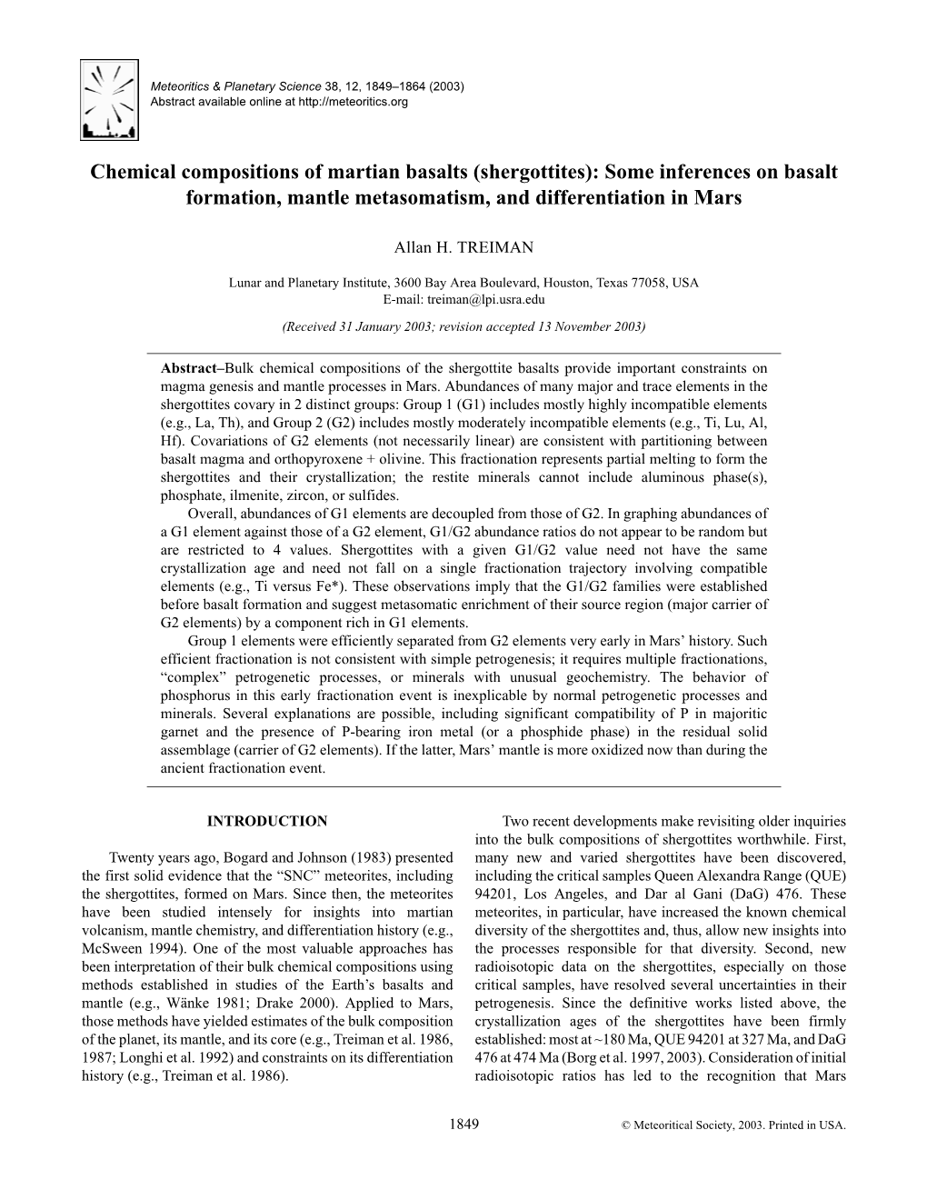 Chemical Compositions of Martian Basalts (Shergottites): Some Inferences on Basalt Formation, Mantle Metasomatism, and Differentiation in Mars