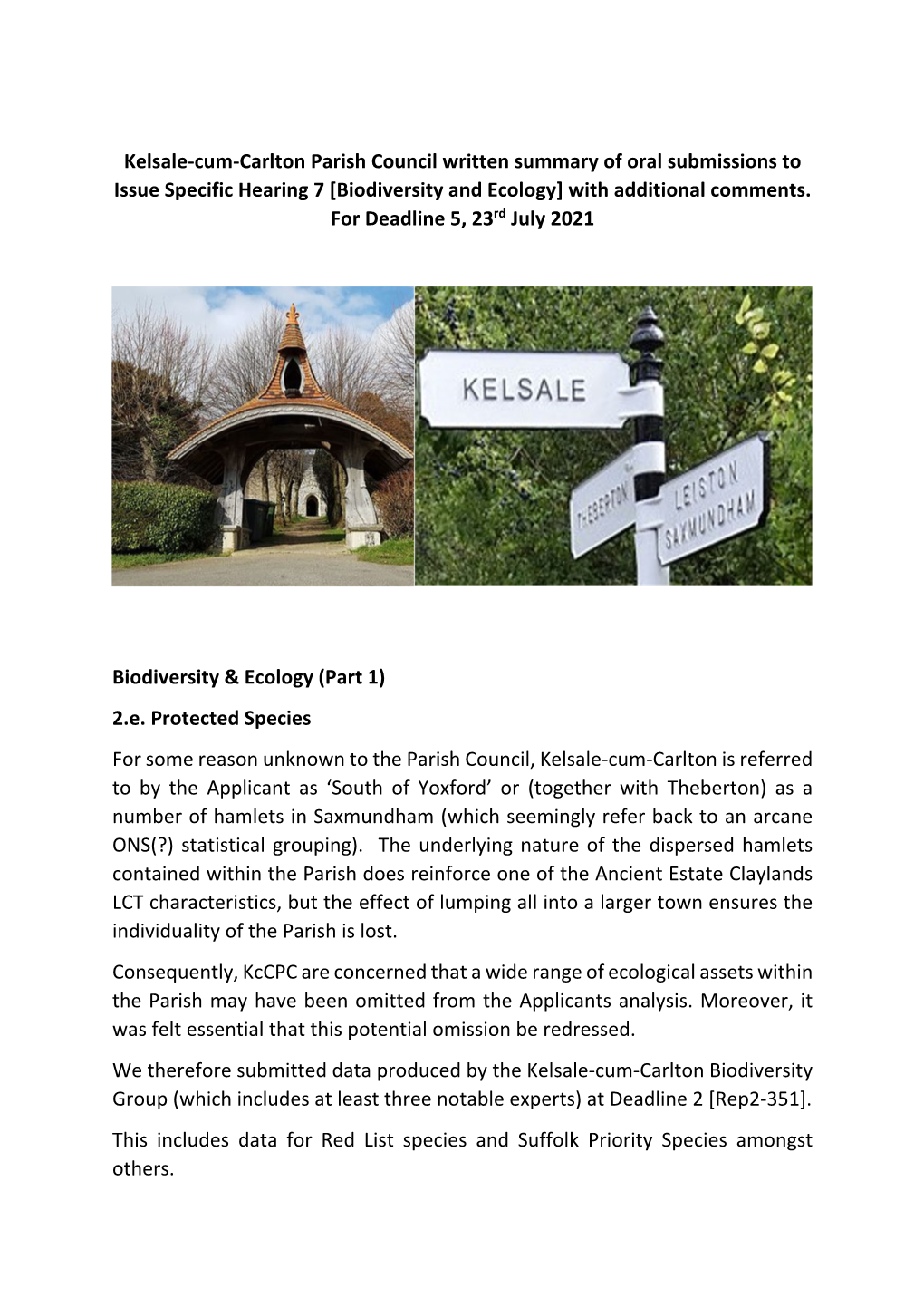 Kelsale-Cum-Carlton Parish Council Written Summary of Oral Submissions to Issue Specific Hearing 7 [Biodiversity and Ecology] Wi